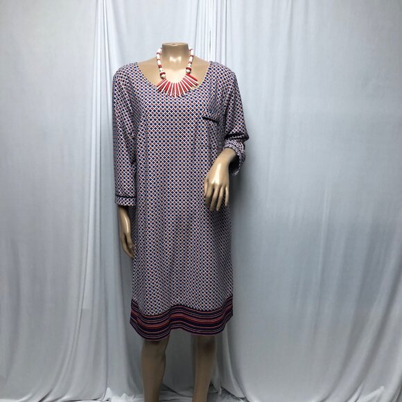 Merona Dress Womens Sz Large Red White Blue Stretch Shift Comfy Office Patriotic - Picture 1 of 9